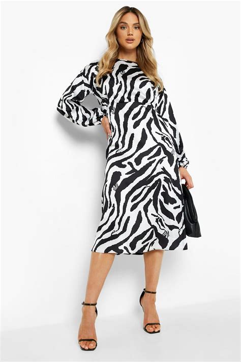 Satin Puff Sleeve Zebra Print Midi Dress Boohoo