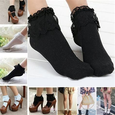 Besufy Besufy Adult Girl Socks Vintage Princess Lace Ruffle Frilly Ankle Breathable Sock