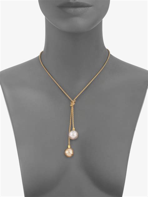 Majorica 14mm White And Champagne Baroque Pearl Lariat Necklace In