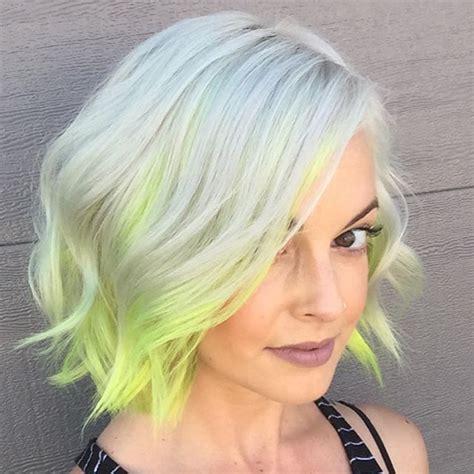 Fun Neon Yellow Dip Dyed Hair Ends Cute Bob Lob Dyed Ends Of Hair Short Dyed Hair Dyed Hair