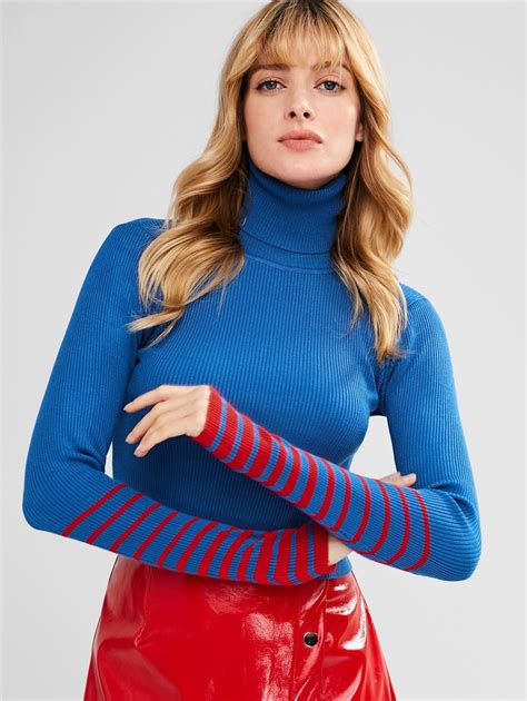 turtleneck striped sleeve knitwear black blue ad sleeve striped turtleneck … ladies
