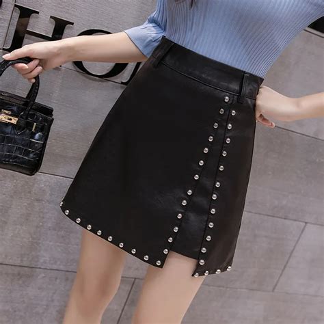 Hot Sell Women Autumn Skirt Fashion Mini High Waist Winter Rivet Pu Leather Skirt For Female