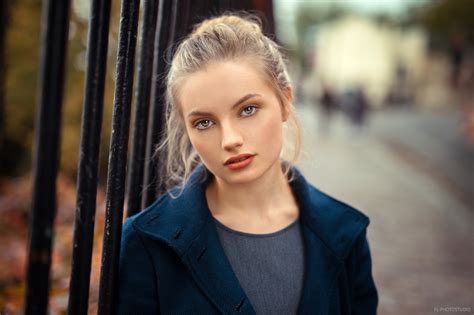 Face Depth Of Field Blonde Portrait Women Outdoors Women Lods Franck Blue Coat Hd