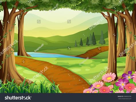 Nature Scene River Forest Illustration Stock Vector Royalty Free