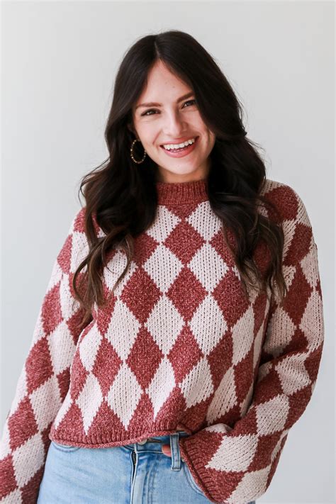 Stylish Outlook Brown Argyle Chenille Sweater Dress Up