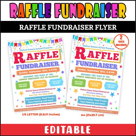 Editable Raffle Fundraiser Flyer School Pto Pta Church Ticket Sales