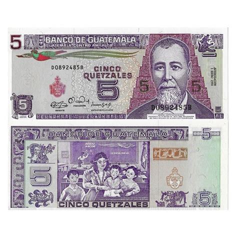 1990 Billete Guatemala 5 Quetzales General Jr Barrios P74a Sc
