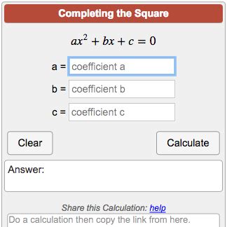 Detailed step by step solutions to your completing the square problems online with our math solver and calculator. Completing the Square Calculator