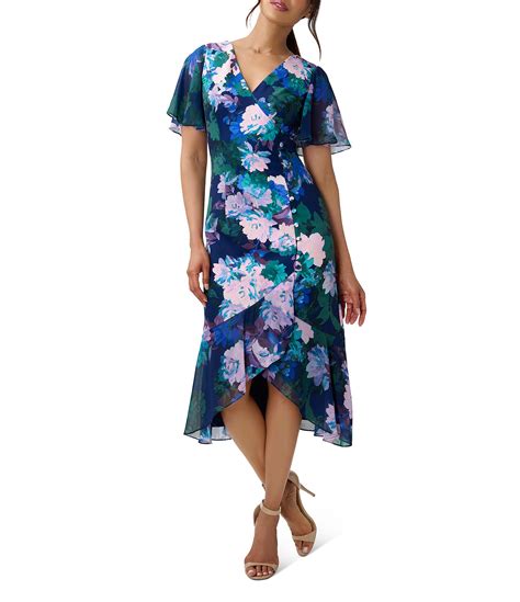 Adrianna Papell Floral Print Flutter Sleeve Buttoned High Low Dress