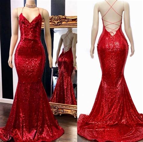 Red Sequin Prom Dress Mermaid Sleeveless Long Evening Gown From