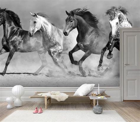 3d Black White Horse Gallop Wall Mural Wallpaper 145 Horse Mural
