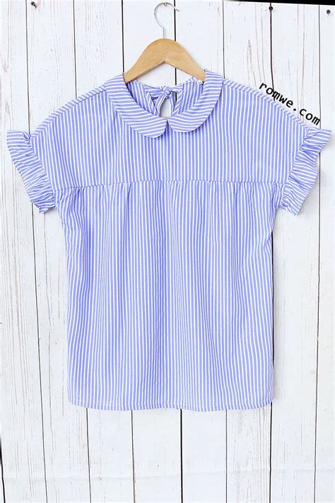 Blue Striped Peter Pan Collar Short Sleeve Blouse Chic Outfits Fashion
