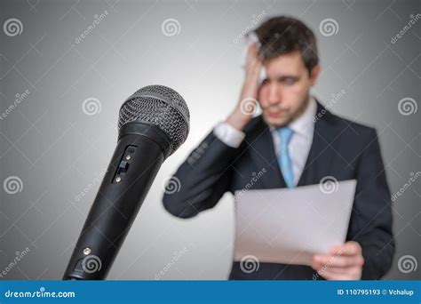 Sweating Nervous Speaker Is Afraid Of Public Speech Microphone In