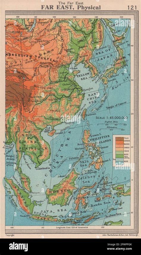 Far East Physical East Asia Bartholomew 1949 Old Vintage Map Plan