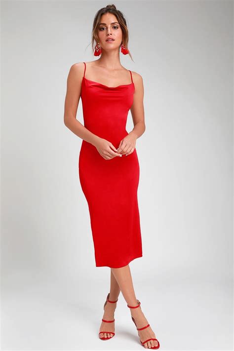 Convertible, the straps may be worn as a halter or threaded to create a crisscross back sure to capture attention. Chic Red Slip Dress - Cowl Neck Slip Dress - Midi Slip ...