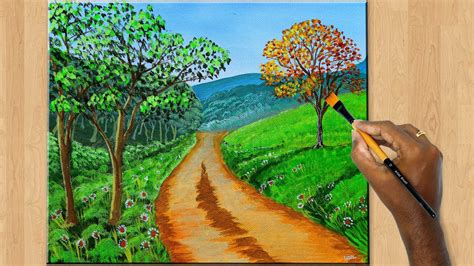 Acrylic Painting Of Green Way Road Step By Step Acrylic Painting For