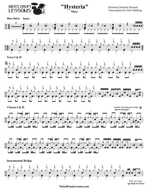 Hysteria Muse Drum Sheet Music Nicks Drum Lessons