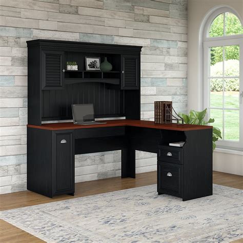 L Shaped Desk With Hutch In Antique Black By Bush