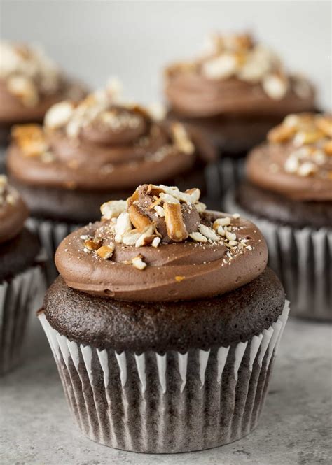 Transfer the frosting to a piping bag fitted with a decorative tip. Chocolate Peanut Butter Pretzel Cupcakes