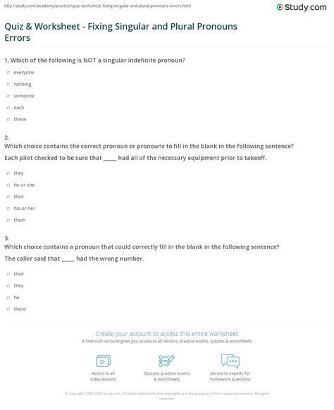 Quiz Worksheet Fixing Singular And Plural Pronouns Errors Study 24444