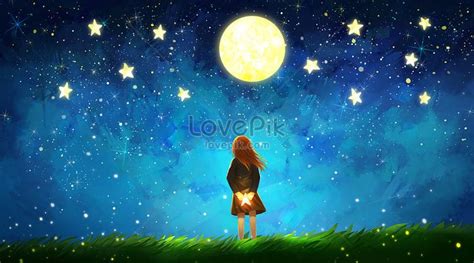 Girl Looking Up At The Stars Star Illustration Painting Moon