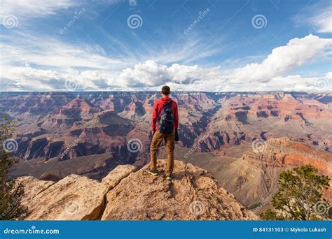 Travel In Grand Canyon Man Hiker With Backpack Enjoying View Usa