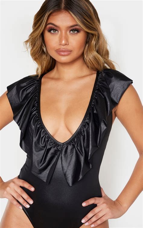 Black Wet Look Frill Neck Bodysuit Tops Prettylittlething