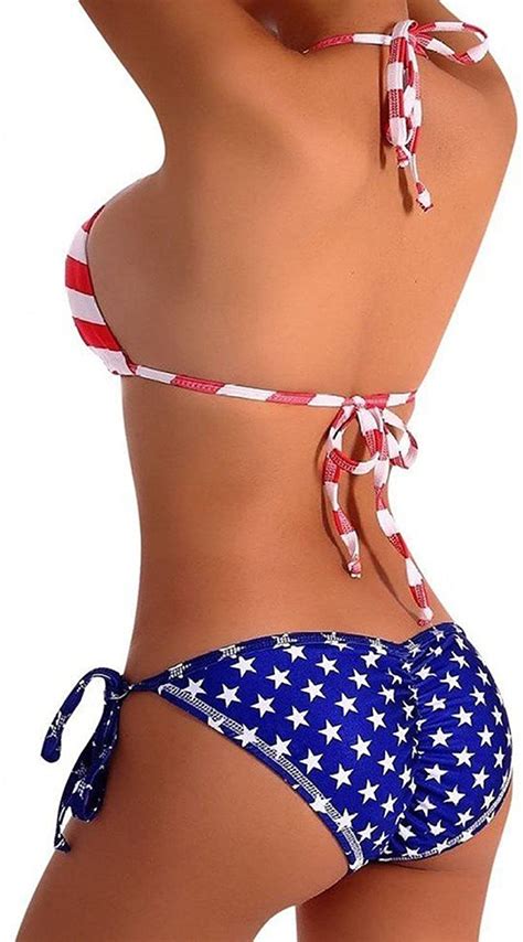 Womens Sexy Bikini Set Halter Padded American Flag Us Flag 02 Size