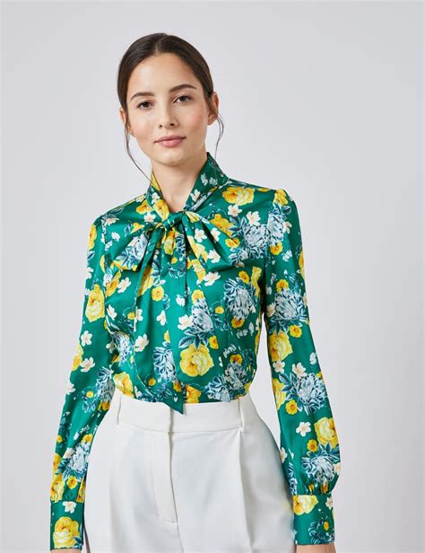 women s green and yellow floral fitted satin blouse single cuff pussy bow hawes and curtis