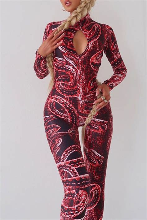 Rose Red Sexy Print Hollowed Out Patchwork Backless O Neck Skinny