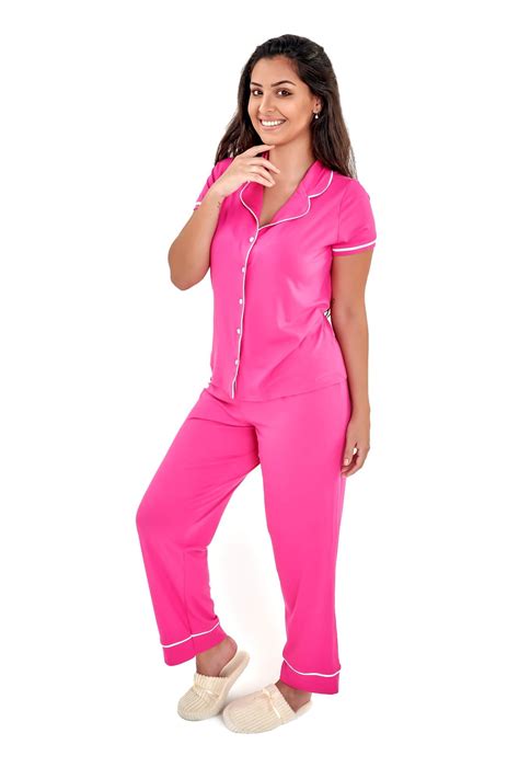 Pijama Americano Feminino Meia Estação Com Botões Pink