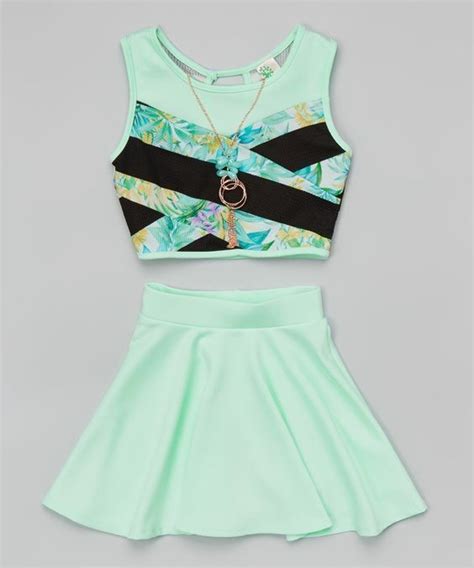 Just Kids Crop Top With Necklace And Skater Skirt Set For Girl Mint
