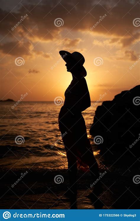 Contrast Silhouette Of Young Slender Woman Stock Photo Image Of Sand
