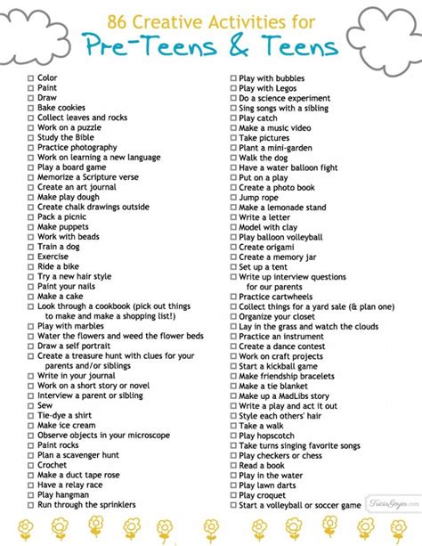 86 Creative Activities For Pre Teens And Teens Plus Printable