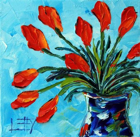 Palette Knife Painting Tulips Flower Print 12 X 12 Signed Fine Art By