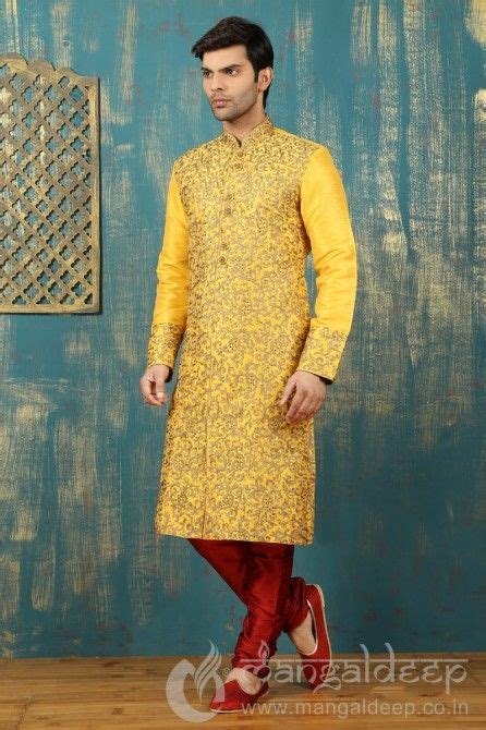 Wonderful Yellow Banarasi Silk Manswear Sherwani Yellow Kurta For Men