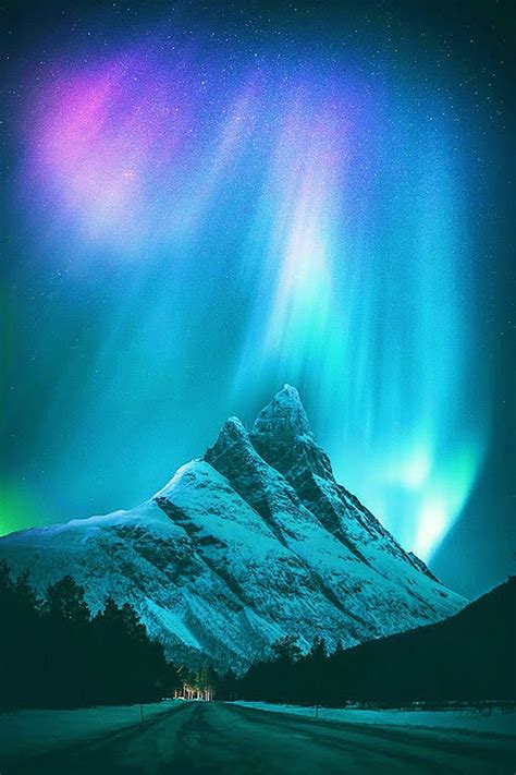 Snowy Mountains Under The Northern Lights The Man
