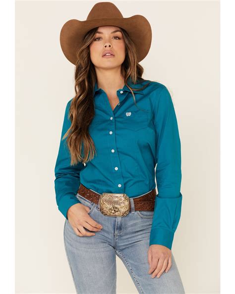 Cinch Womens Teal Solid Button Front Long Sleeve Western Shirt In 2021