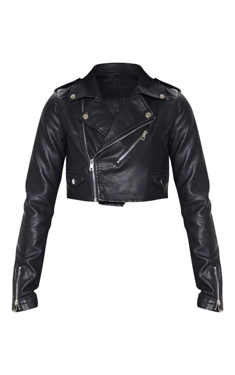 black cropped pu biker jacket prettylittlething