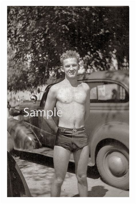 Vintage 1940 S Reprint Photo Handsome Near Nude Man Shows Bulge By Car