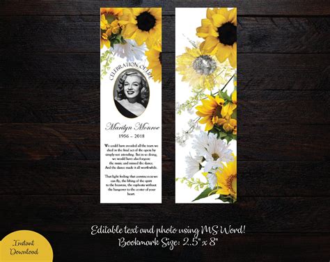 Yellow Sunflowers Funeral Bookmark Template Memorial | Etsy | Bookmark template, Bookmarks ...