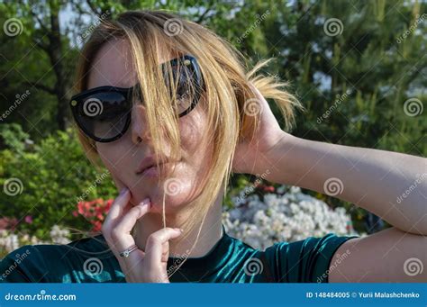 Blonde Girl In Dark Sunglasses In The Sun Stock Image Image Of