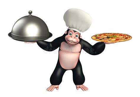 Gorilla Cartoon Character With Chef Hat Spoon And Cloche Stock