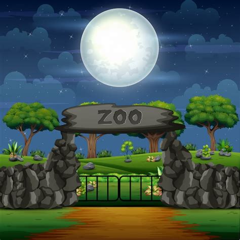 Premium Vector Zoo Entrance Cartoon In The Night Scene