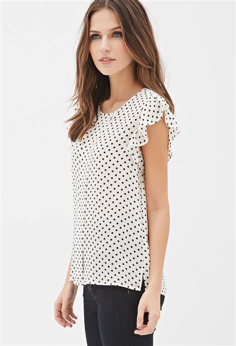 Forever 21 Polka Dot Print Blouse In Natural Lyst