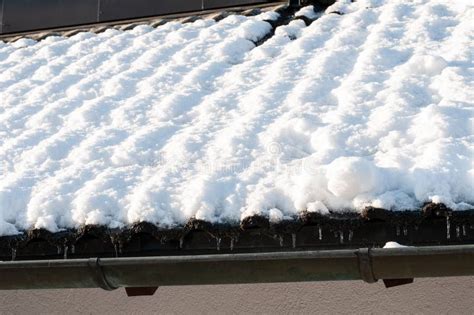 Icicles Hanging At Tiles Of A Snow Covered Roof Stock Image Image Of