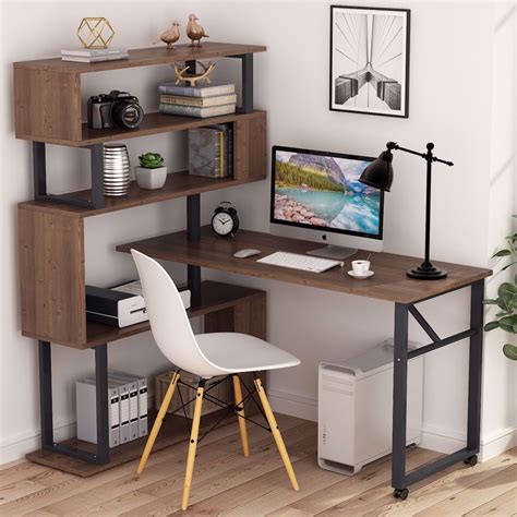 Tribesigns Rotating L Shaped Computer Desk With Tier Open Bookshelf Modern Large Reversible
