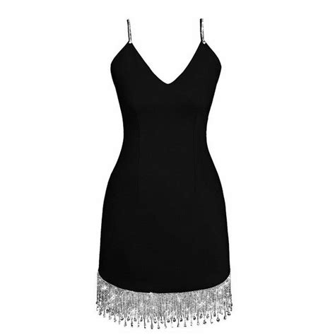 Black Diamante Rhinestone Fringe Trim Mini Dress Elegant Dresses