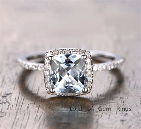 Cushion aquamarine engagement ring pave diamond wedding 14k white gold,8x10mm. Cushion Cut Aquamarine Engagement Ring 14K White Gold ...