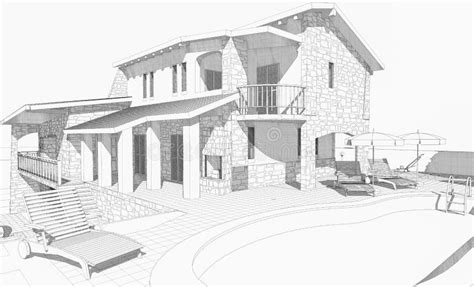 Sketch Of Modern House Villa Terrace And Garden Stock Illustration